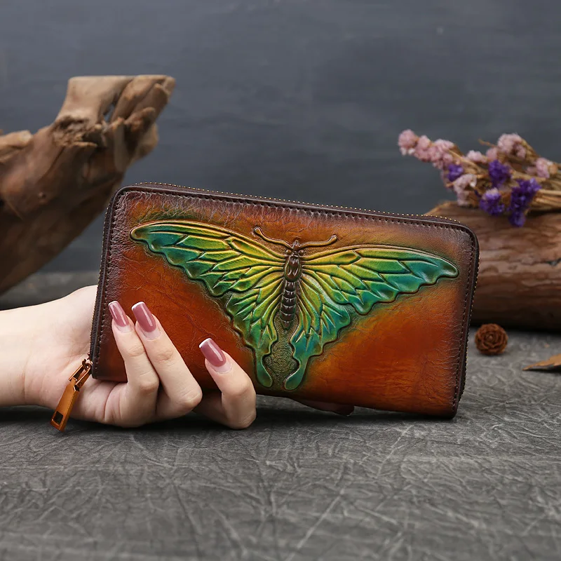 Johnature 2024 New Butterfly Embossed Genuine Leather Wallets Women Retro Cowhide Wallet Card Holder Handmade Long Purse