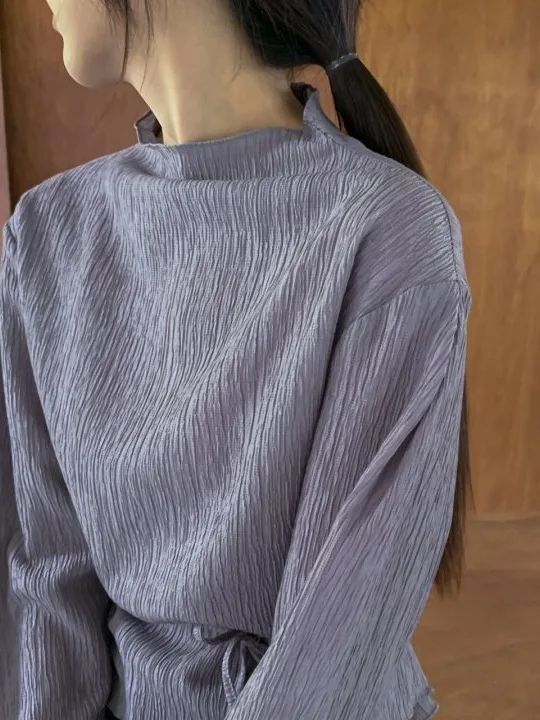 

Ele Long Sve irt Women's Early Autumn Stand Collar Pleated Waist-cinching Top Korean Sle Regular Fit Pure Color