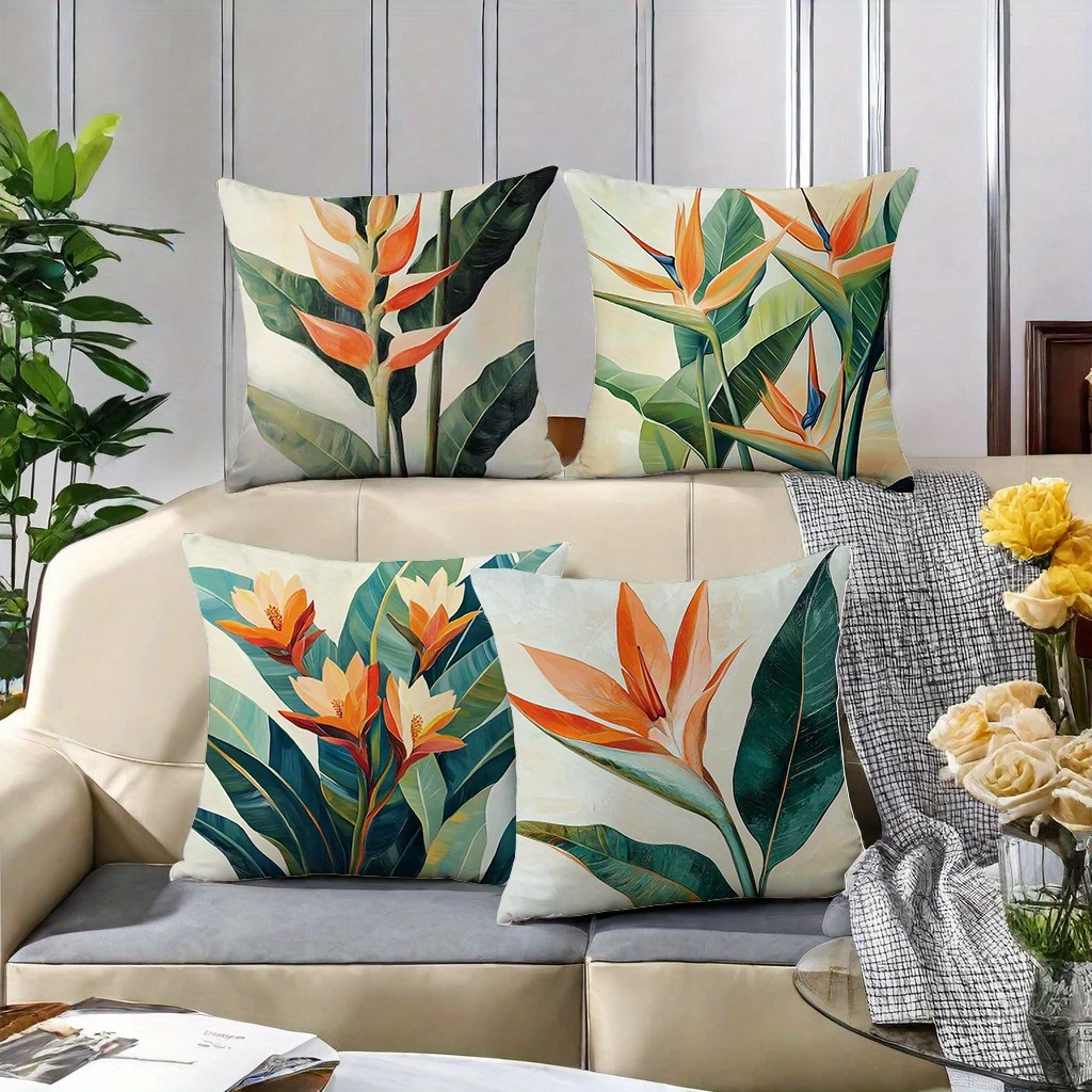 Bird of Paradise Throw Pillow Covers, Tropical Floral Plant Print Cushion Cases, Modern Botanical Decor for Bedroom Living Room