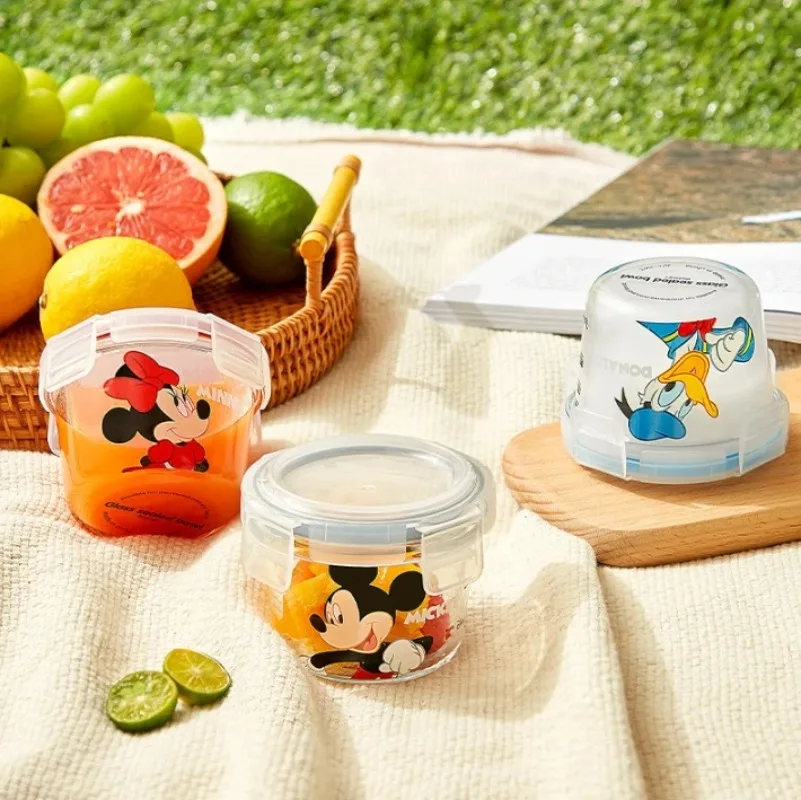 Disney Mickey Mouse Cartoon Character Printed Fresh-keeping Box Student Microwave Heating Glass Soup Cup Fruit Lunch Sealed Bowl