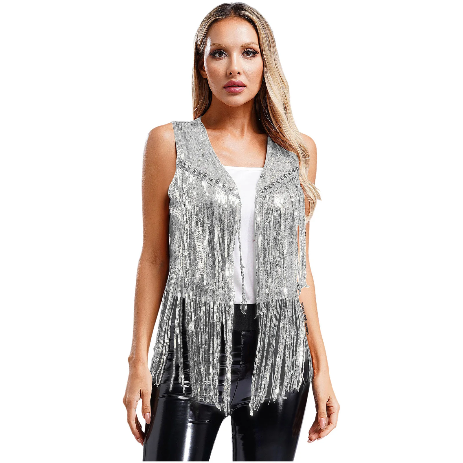 

Women Shiny Sequin Cowgirls Waistcoat Dance Club Disco Carnival Party Coat Bolero Open Front Tassel Rivets Sleeveless Vest Tops