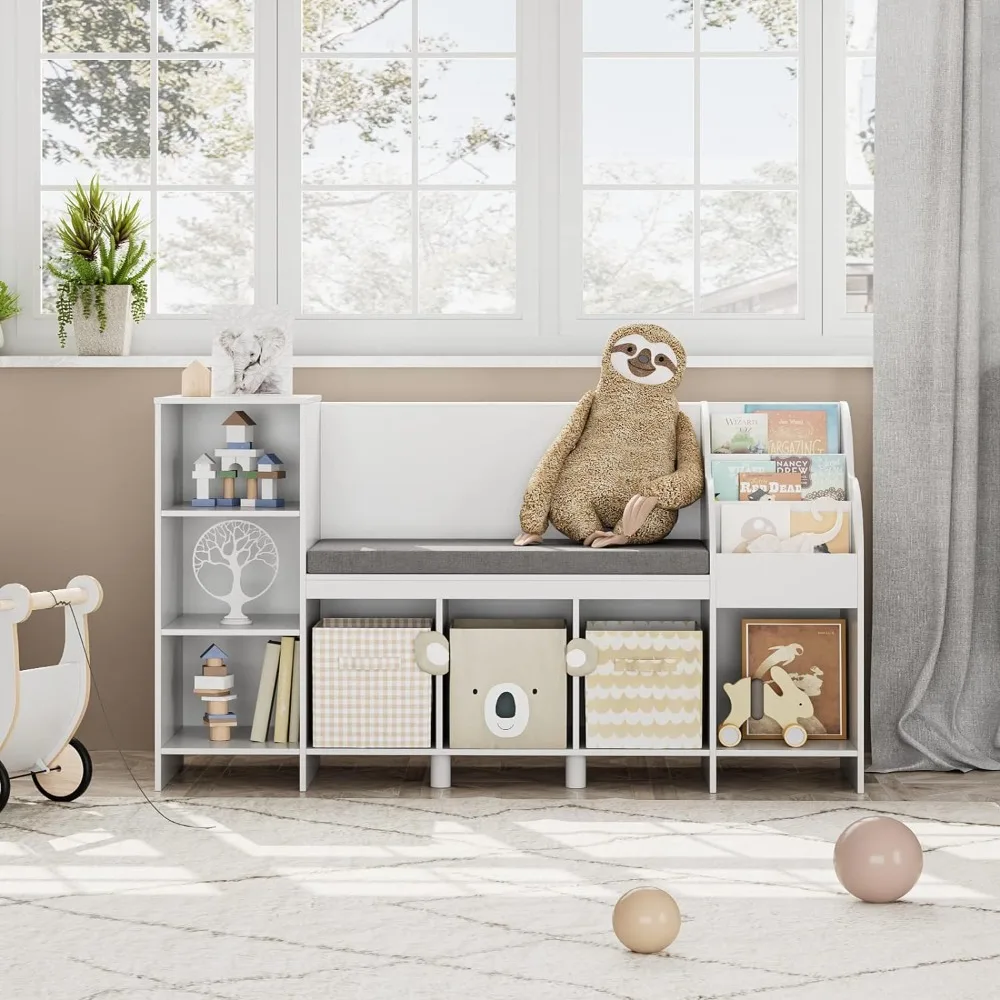 HOUSUIT estantería para niños con Nook de lectura, estantería con cojín de asiento y estante ajustable, Banco de almacenamiento con estante para libros