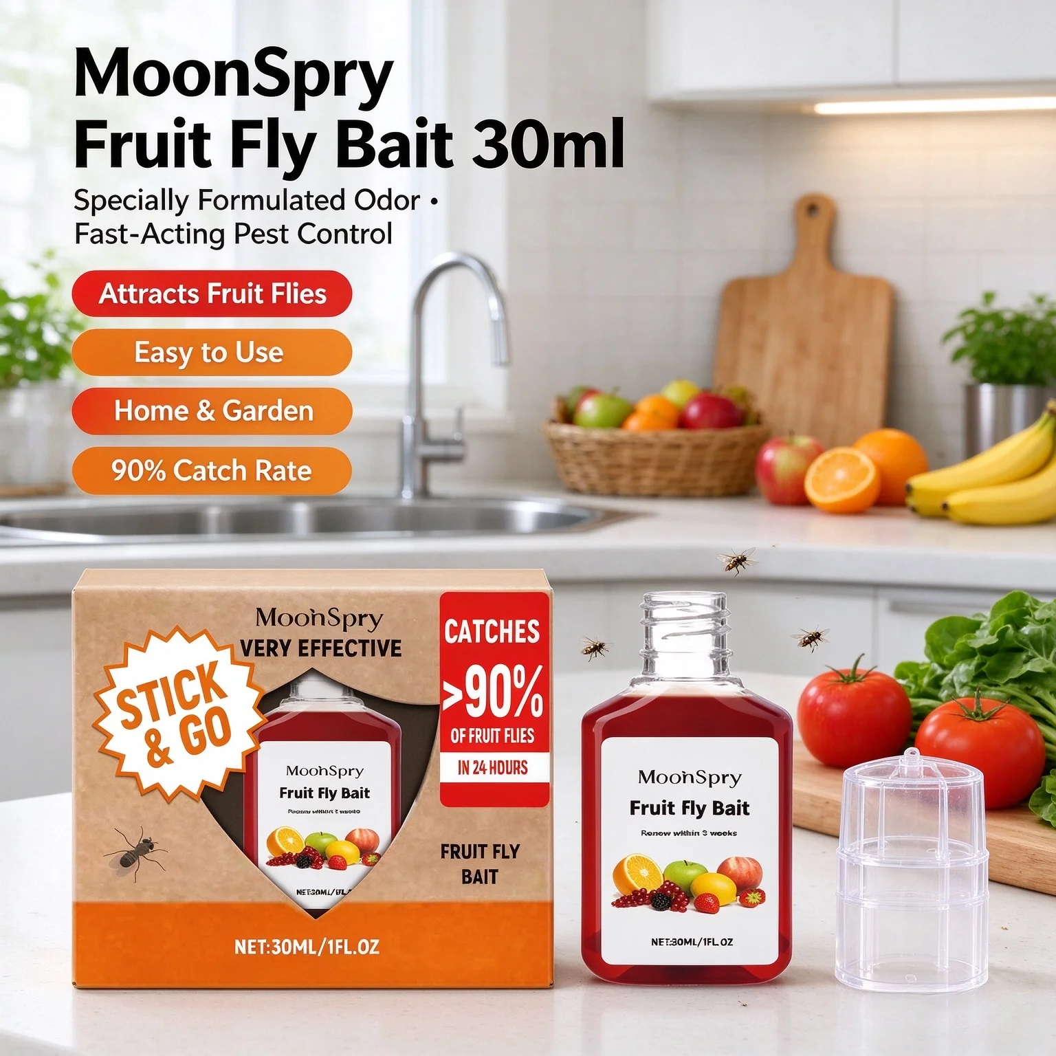 MoonSpry Fruit Fly Bait Specially Formulated Odor Attract Trap Fruit Flies Home Garden Efficient Fruit Fly Pest Control Solution