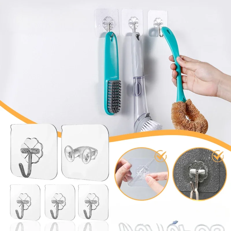 2pcs Household Transparent Strong Self-adhesive Door Wall Hook Suction Heavy Duty Shelf Suction Cup Kitchen Bathroom Hook