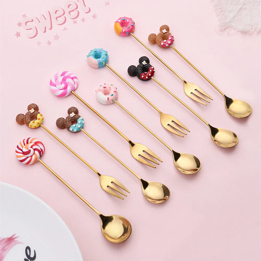 Disney Anime Mickey Mouse Fork Spoon Kawaii Lollipop Donut Tableware Cartoon Dessert Spoon Fork Stirring Spoon Children Gifts