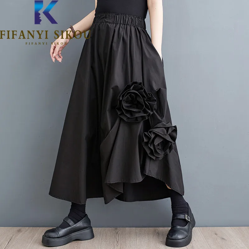 

Irregular Black Long Skirt Women Pocket Flower Decoration Fashion A-Line Skirts Female Elastic Waist Loose Summer Skirt 2023