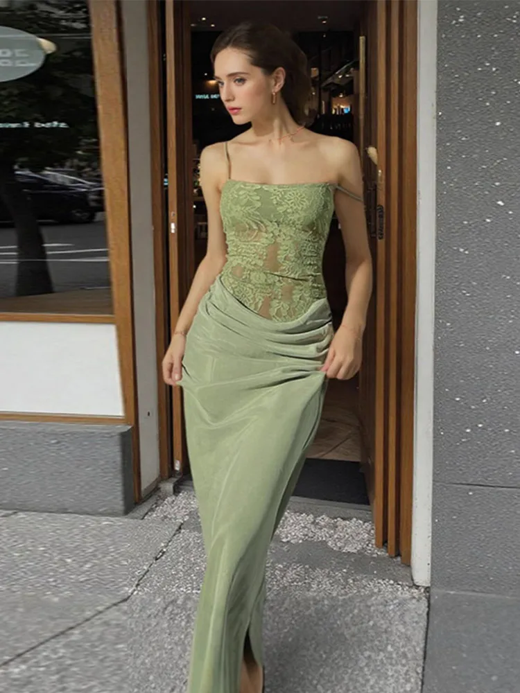 แฟชั่นสีเขียว Camisole Bodycon Maxi ชุด Sheer Lace ซาติน Patchwork Ruched เซ็กซี่ฤดูร้อน Elegant Beach Party ชุด