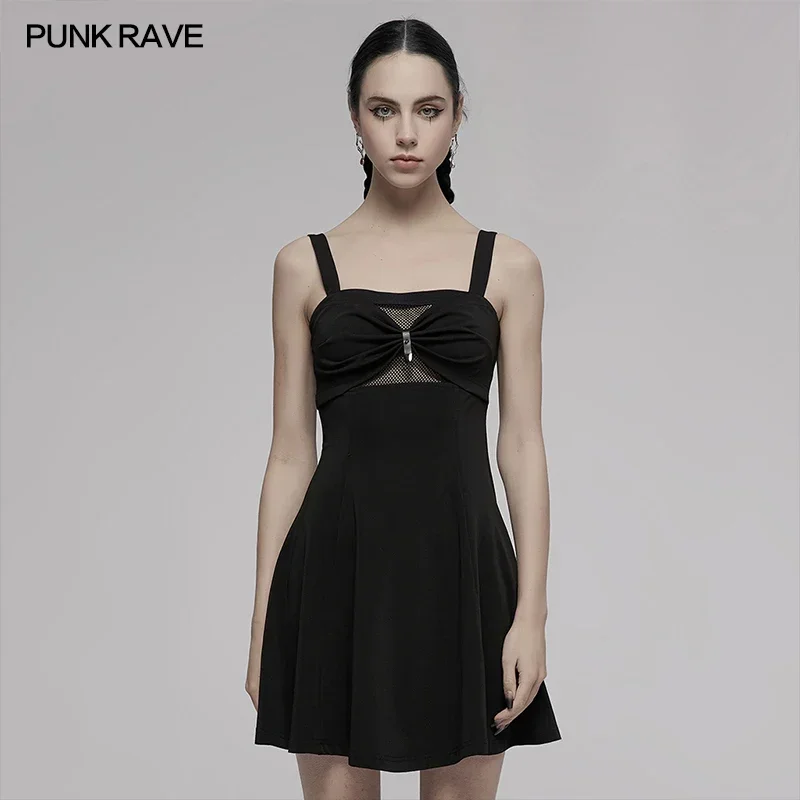 

PUNK RAVE Women's Gothic Daily Dark Sexy Small A-shaped Suspender Dress PU Buckle Bow Personality Black Dresses Women
