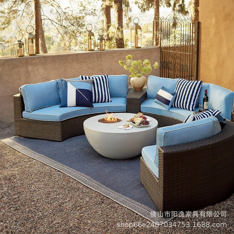 Outdoor Sofa Curved Rattan And Coffee Table Set, Outdoor Garden Furniture, Homestay Terrace Leisure Round Living Room Sofa