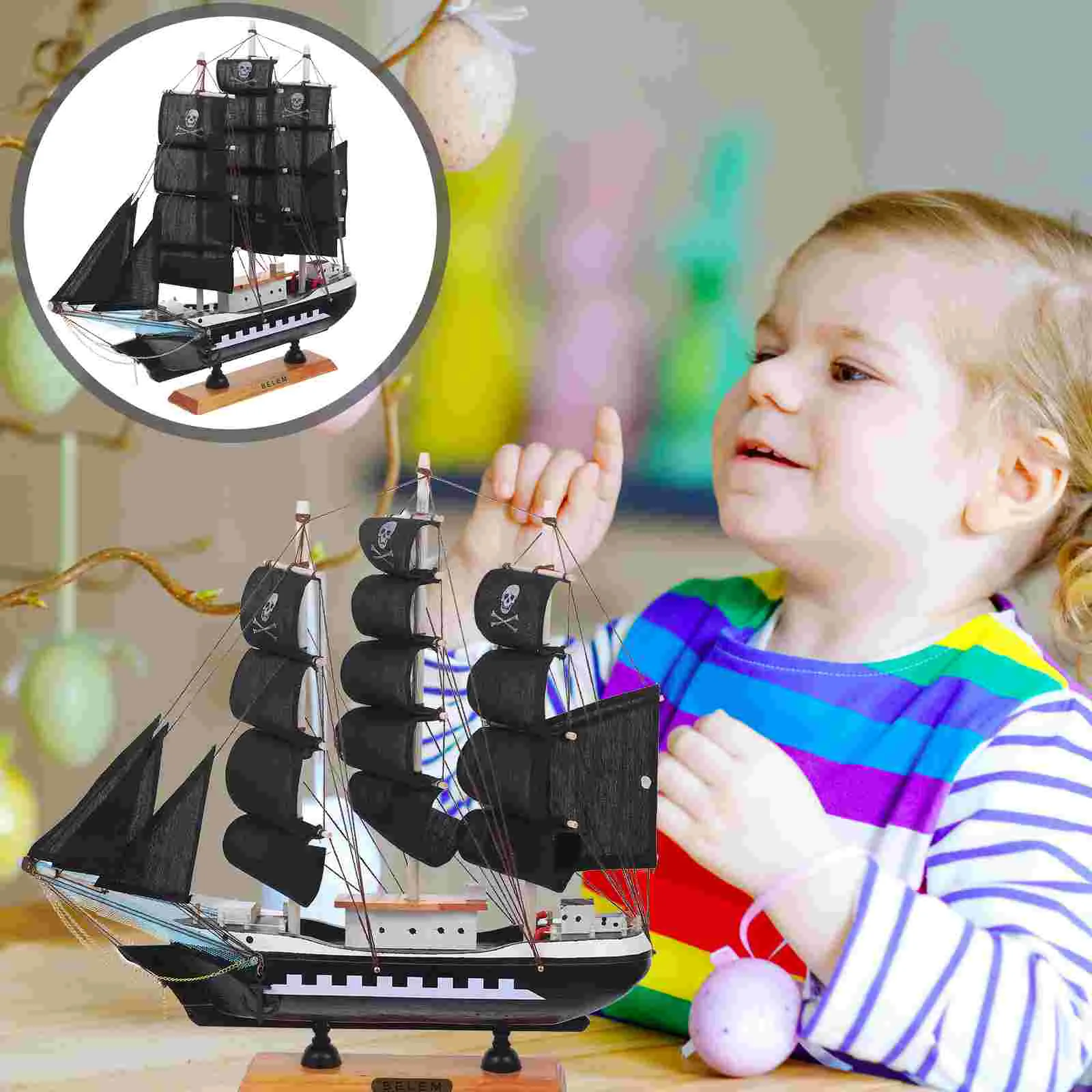 1Pc Wooden Pirate Ship Model Sailboat Vessel Model Sailing Ship Boat Home Decor Pirate Sailboat Model