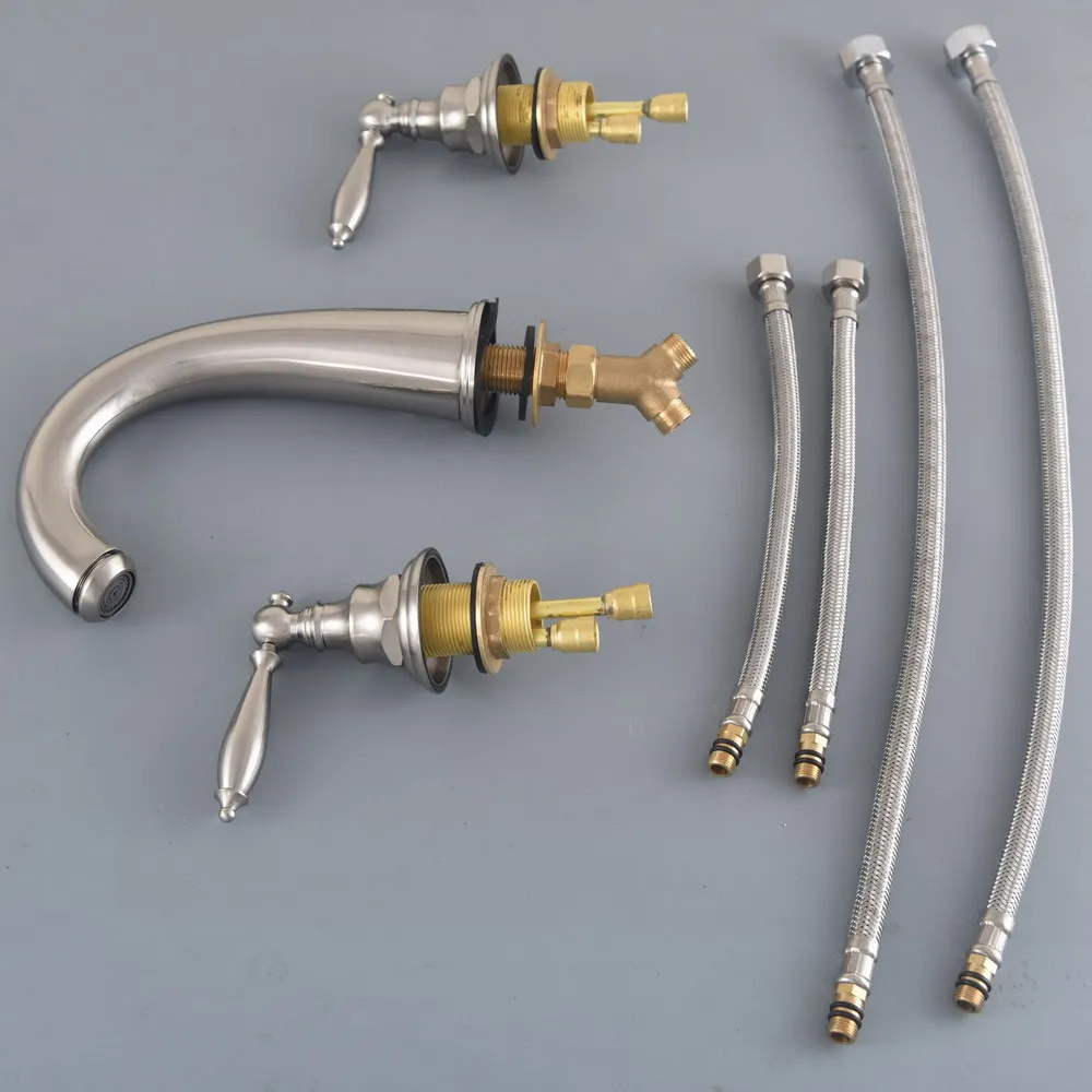 แปรงนิกเกิลทองเหลืองแพร่หลายดาดฟ้าติดตั้งอ่าง 3 หลุม Dual Lever จับห้องครัวห้องน้ําอ่างอ่างล้างจานอ่างล้างหน้าก๊อกน้ําแตะ mbn015