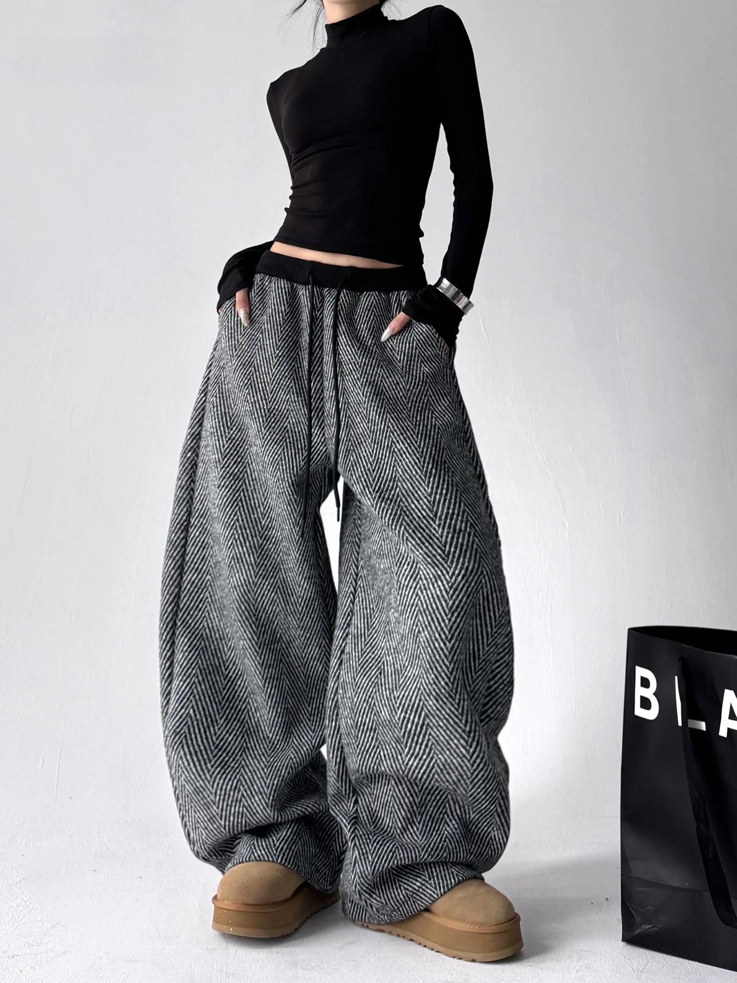 하이웨이스트 와이드 레그 팬츠 여성용 가을 겨울 체크 울 스트레이트 컷 슬림 캐주얼 롱 트라우저 아메리칸 스타일 폴리에스터...