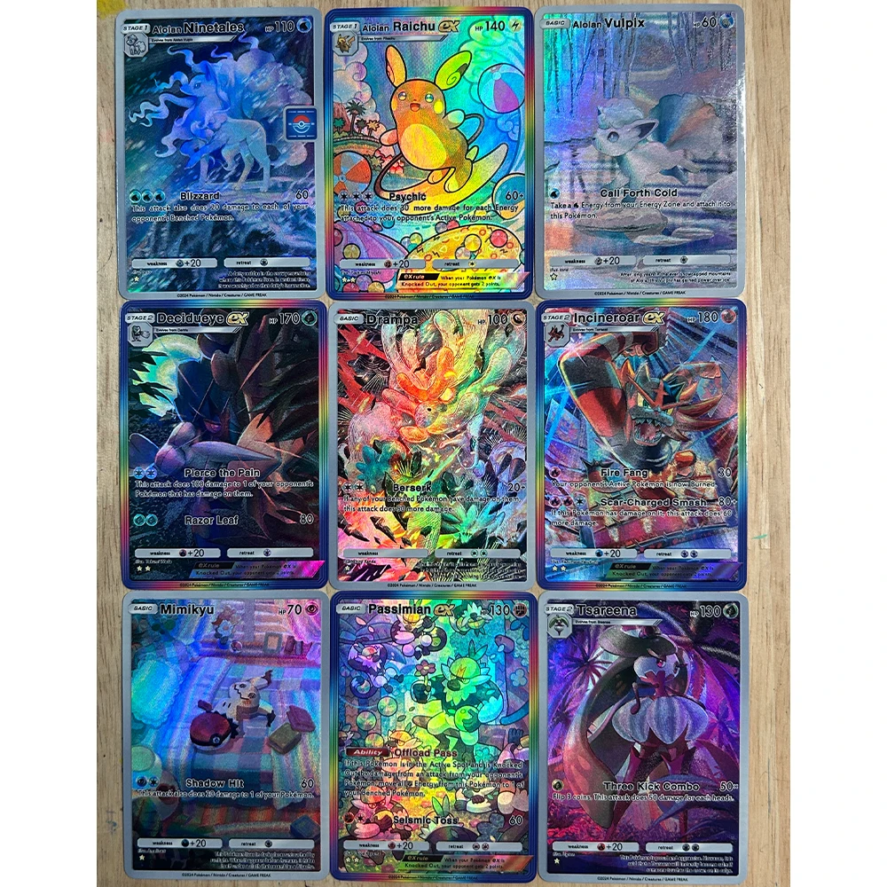 9 stks/set Nieuwe PTCG POCKET Collection Card Engels Alolan Raichu Drampa Mimikyu Cosmog Reliëf Textuur Flash Card Kind Gift