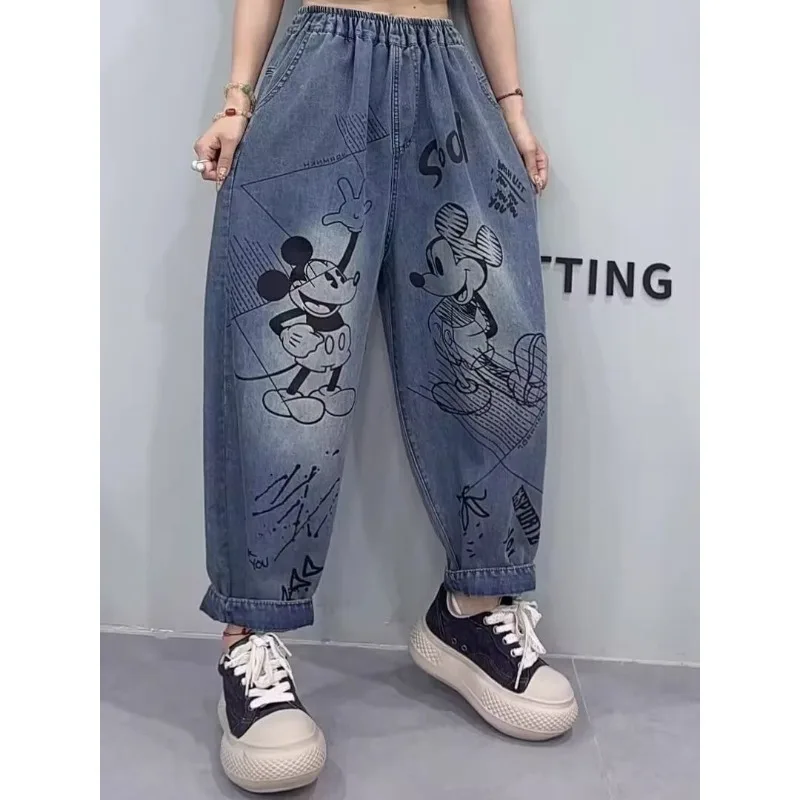 

Trendy Mickey Printed Jeans Women Plus Size Loose Slim-Fit Thin Washed Distressed Cropped Harlan Denim Pants Casual Trousers