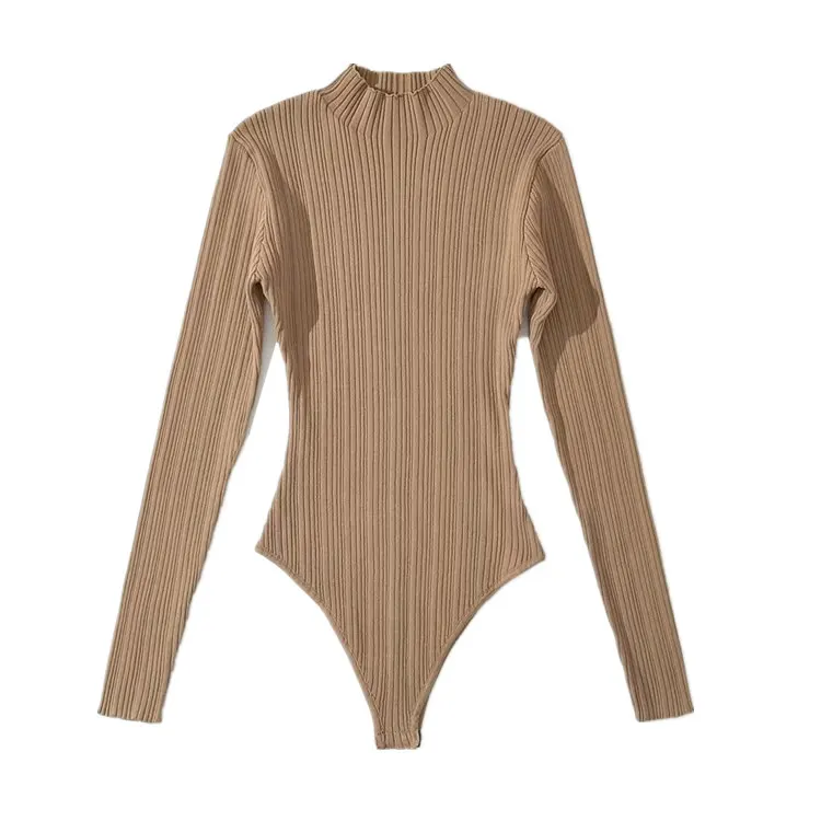 

Slim Fit High Collar Long Sve Knitted Bodysuit Women's Base irt Overhead Street Sle Pure Color Autumn Winter Sweater