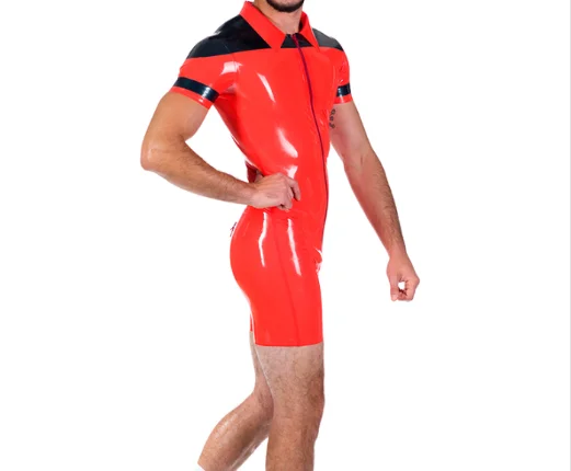 

100% Latex Rubber Schwarz&Rot Catsuit Fitnesskleidung Suit Zipper Halloween fashion