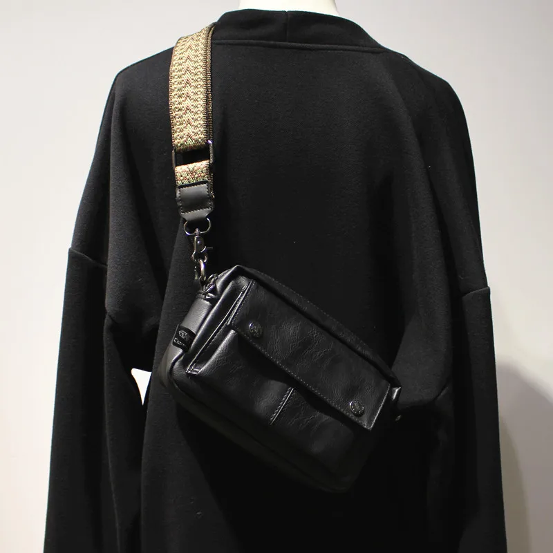 Street Style Leather Crossbody Bag Fashionable Small Square Chest Bag Mobile Phone Bag Single Shoulder Bag for Young Men