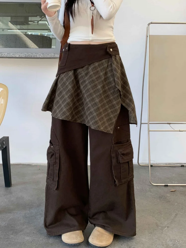 

Ropa Y2K 2021, модные клетчатые лоскутные винтажные коричневые мешковатые женские джинсы-карго, брюки, женская одежда, широкие хлопковые длинные брюки