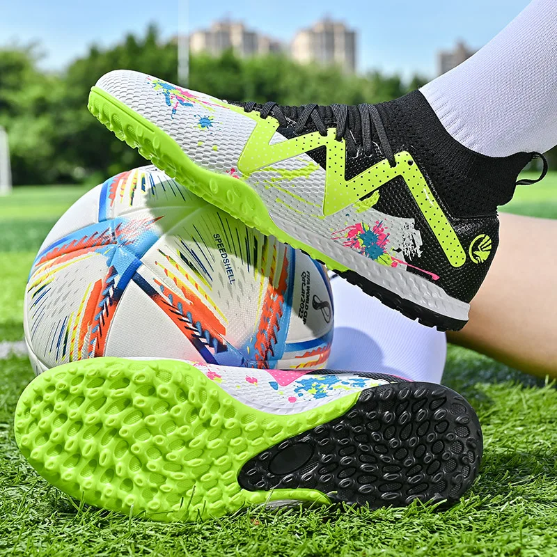 

High Top Turf Football Boots Breathable Men Soccer Shoes Hard Court Boys Rubber Cleats Fashion Knit Upper Kids Sports Footwear