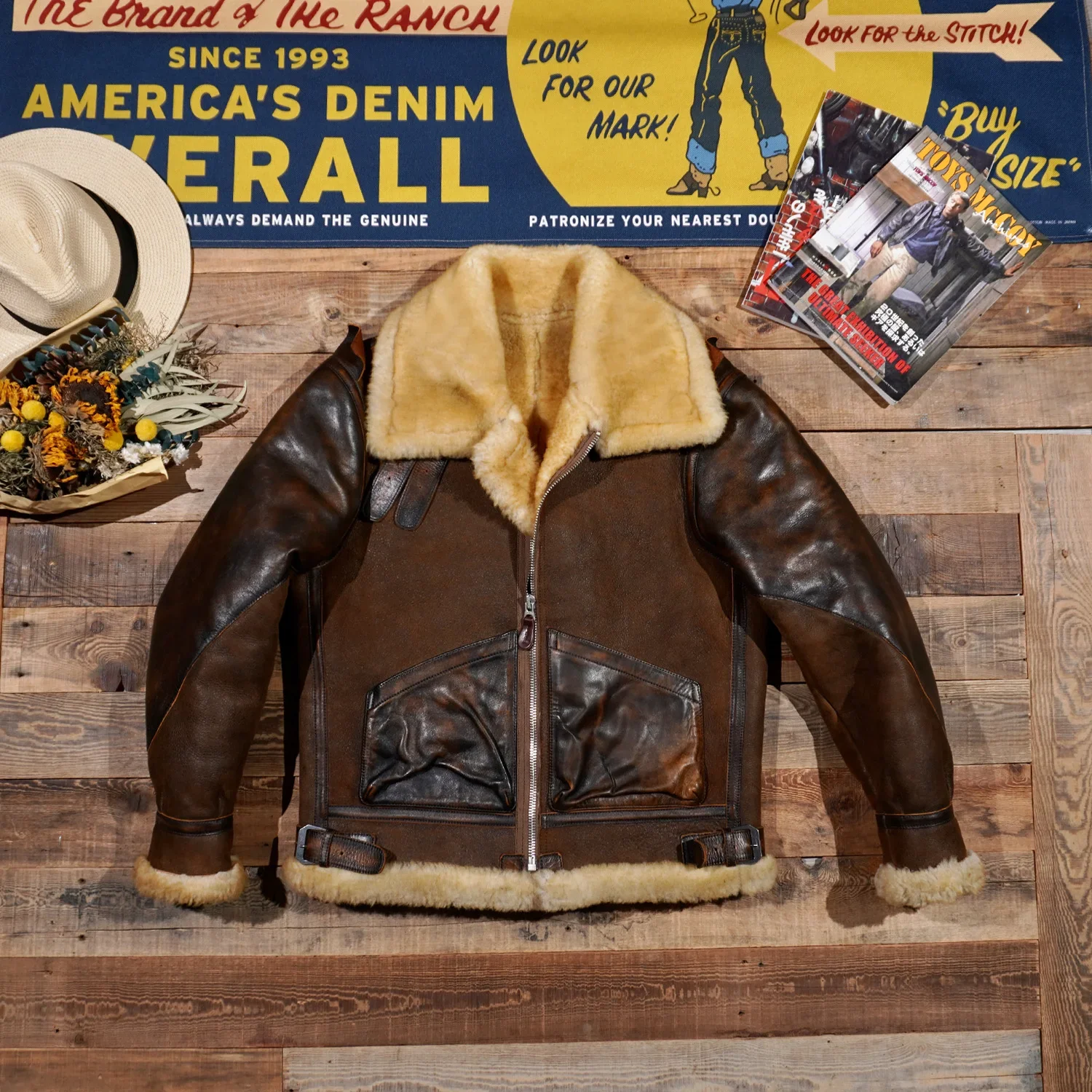 

Maillard Retro Distressed Sheepskin Fur Integrated B3 Flying Suit Leather Jacket Motorcycle Winter Thick and Heavy Men