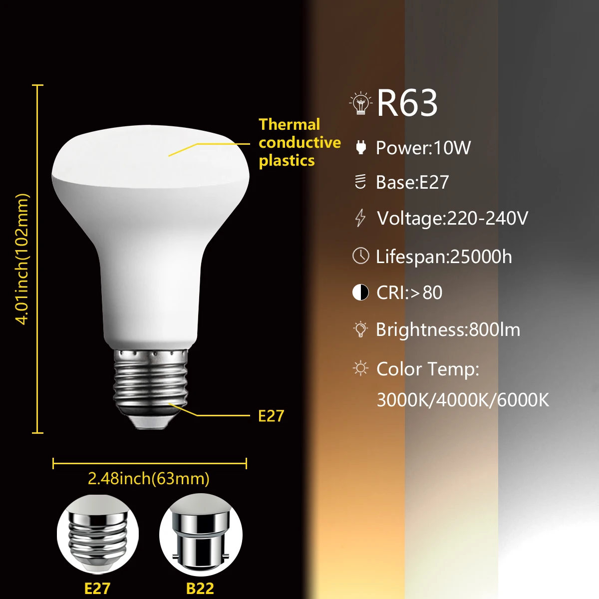 Cogumelo LED Lâmpada de Banho, Direto da Fábrica, R50, R63, R80, E27, E14, 220V, 6W, 10W, 12W, Non Strobe, Luz Quente Interior, em linha com ERP2.0