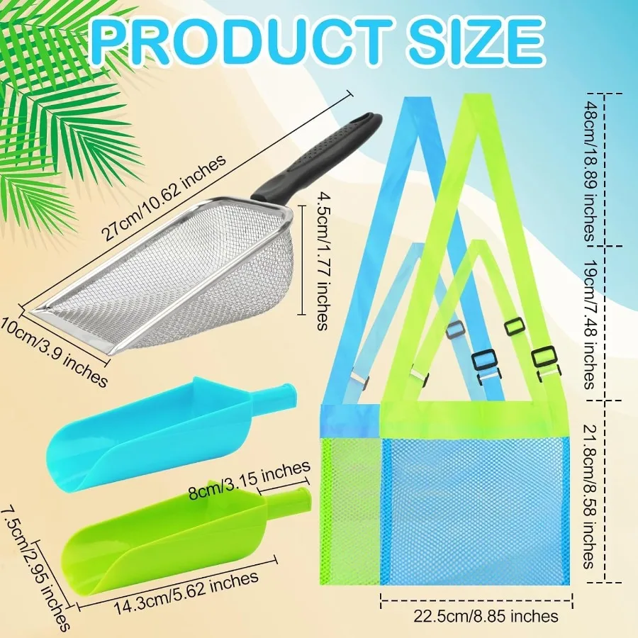 6 Pack Beach Sand Sifter Toys Set 2 PCS Shark Tooth Sifter 2 PCS Plastic Sand Shovel Beach Mesh Shovel with Shell Storage Bags f