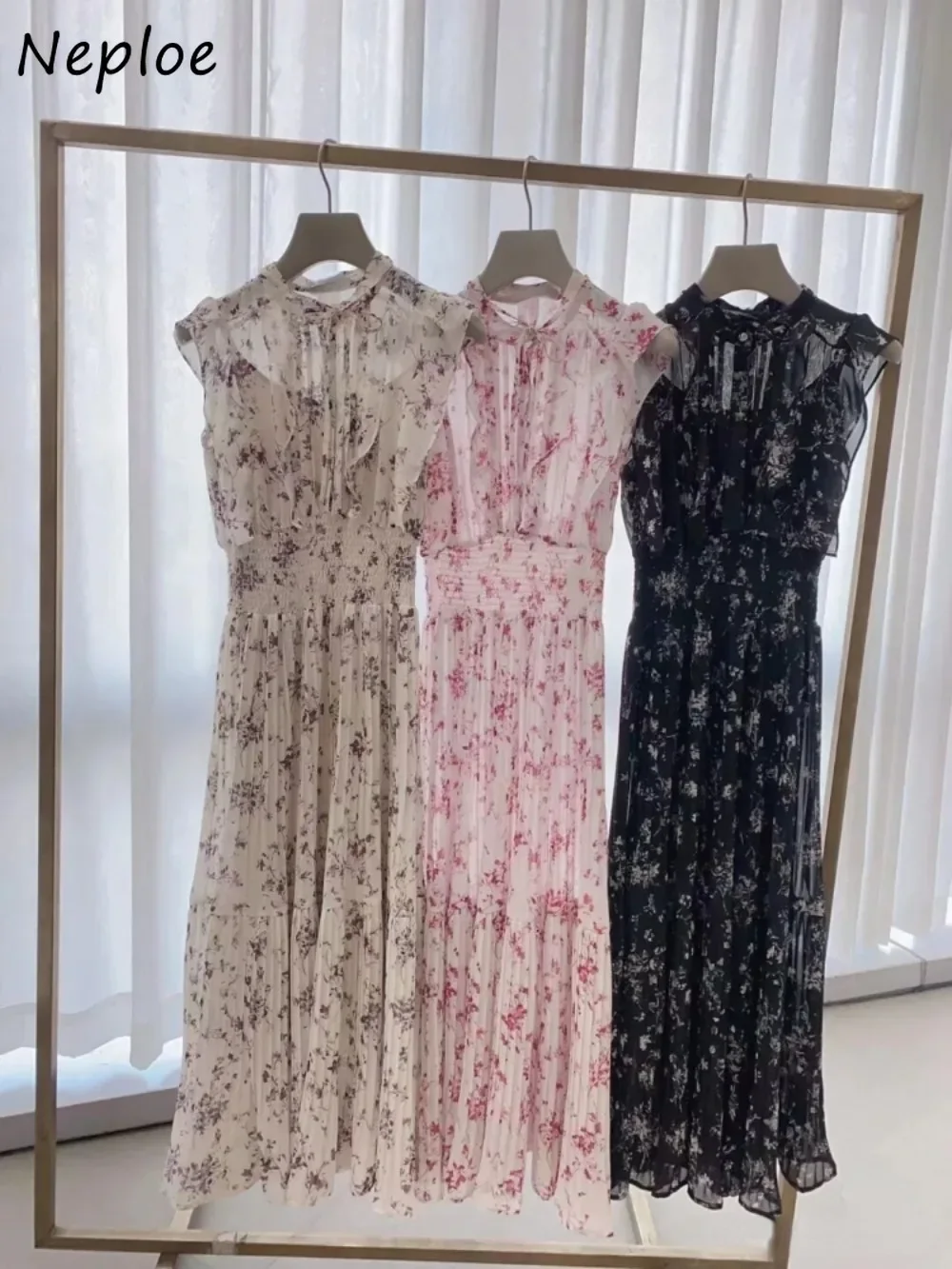 

Neploe Elegant Stand Collar Butterfly Sleeve Dress Slim Fit Print Lace Up Chiffon Patchwork Robe Japan Spring New Vestidos