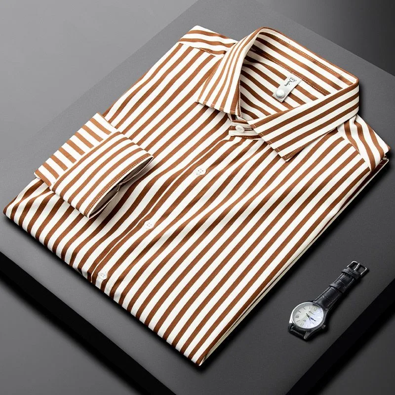 

High end brand men contrasting color long sleeved shirt 2023 autumn new exquisite striped fashion casual wrinkle resistant shirt