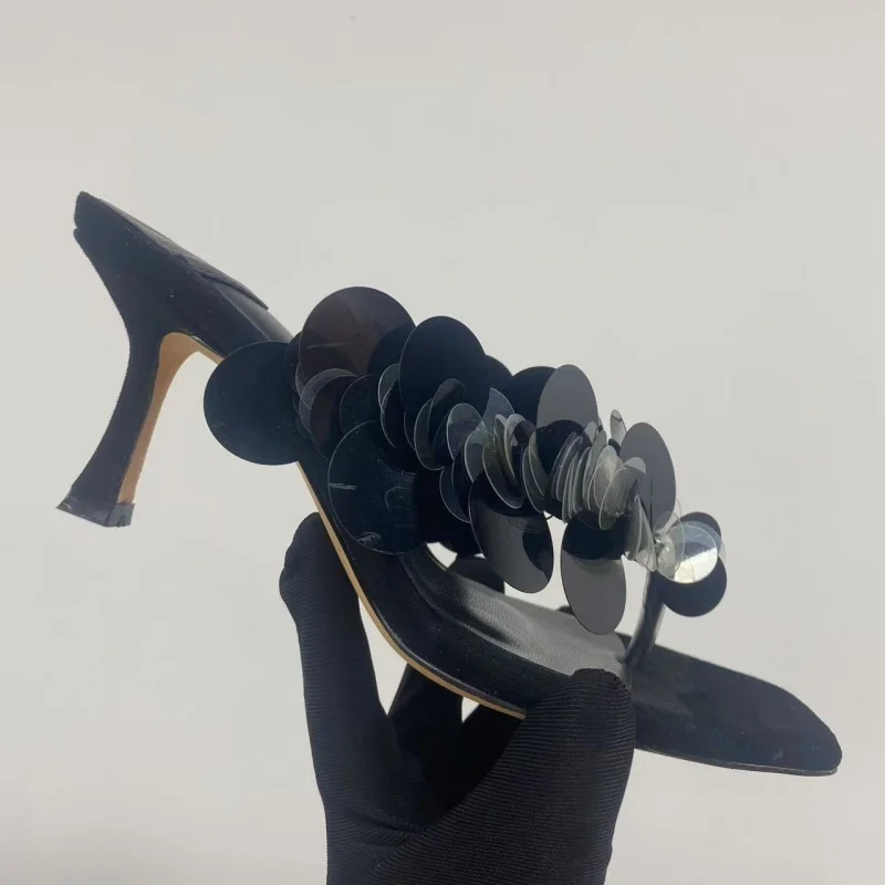 

Middle Thin Heeled Mint Green Slippers Flip-Flops Fairy Dress Shoes Fashionable Outerwear French Sandals Black Sandals