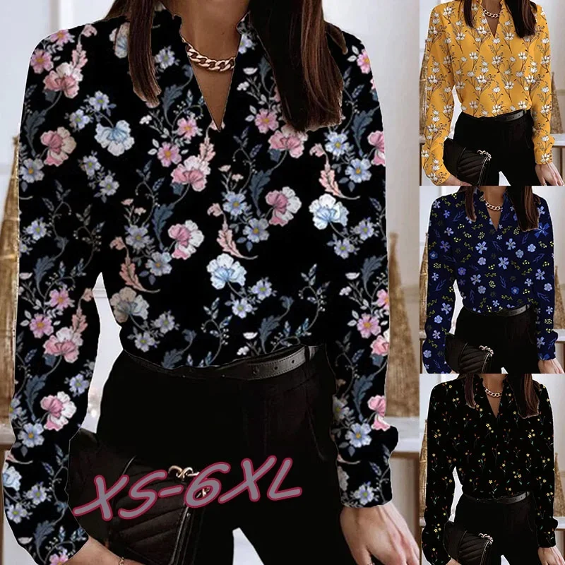 Women\'s Fashion Sexy V Neck Long Sleeve T Shirt Floral Print Shirt Casual Lapel Shirt Ladies Pullover Spring Autumn Loose Top