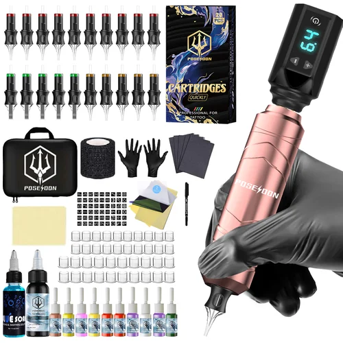 Kit de tatuaje POSEIDON V5, nuevo Kit de pluma de tatuaje rosa para maquillaje permanente, Kit de máquina de tatuaje, fuente de alimentación inalámbrica para tatuaje, Kit de tatuaje