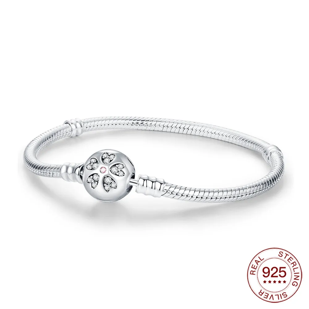 Armband Original 925 Sterling Silber Kirschblüte Runde Knopf Armband 17-20 CM Armband Für Frauen DIY Charme Schmuck geschenke