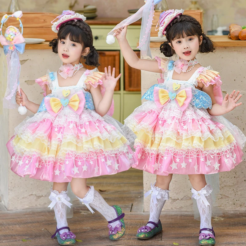 

Y2K платье Лолиты для девочек, винтажное кружевное праздничное платье для детей, летняя юбка-пачка с рюшами на открытом воздухе, костюм принцессы, наряд на день рождения