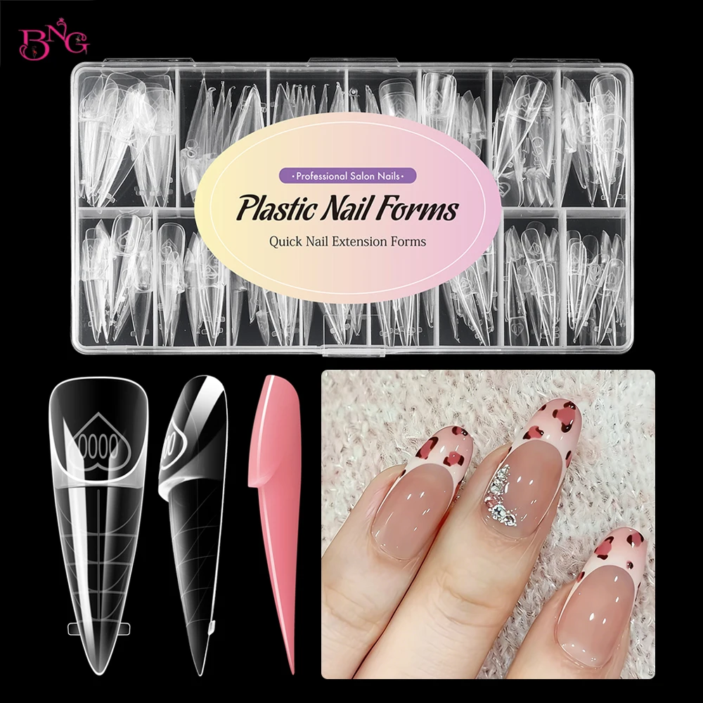 

BNG 150Pcs Stiletto Square Space French Dual Forms Reusable Nail Extension Molds with Stair Line for French Manicure 15 Sizes