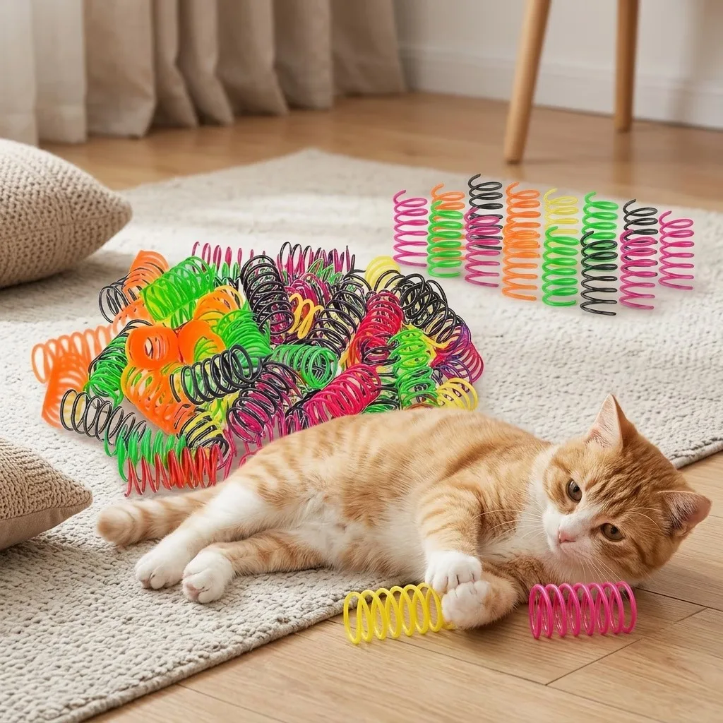 Image of 20/40/60-teiliges interaktives Katzenspielzeug-Set, langlebige Kunststoff-Federspiralen für Katzen und Welpen, lustiges Zubehör für Haustierspiele und -bewegung