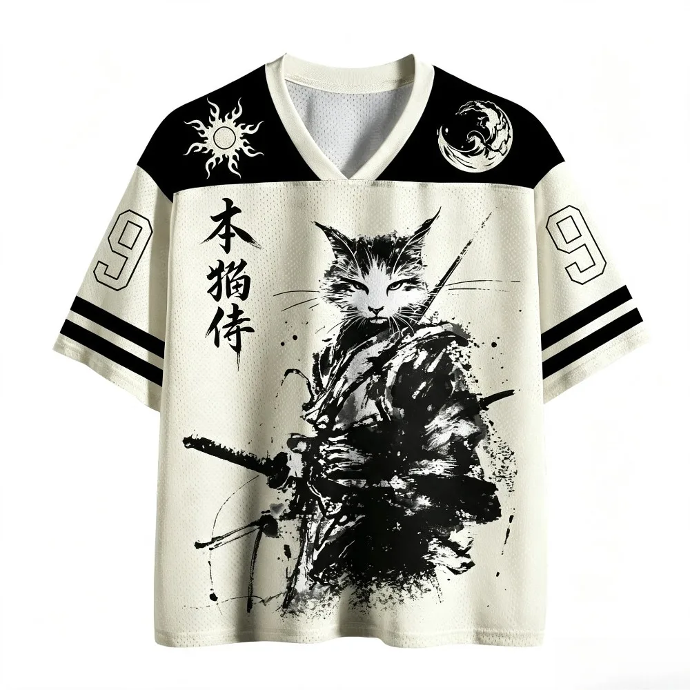 Vintage Asian Samurai Cat Ink Graphic Men Mesh V Neck Jersey T-Shirt Japanese Warrior Cat Print Casual Street Short Sleeve Top