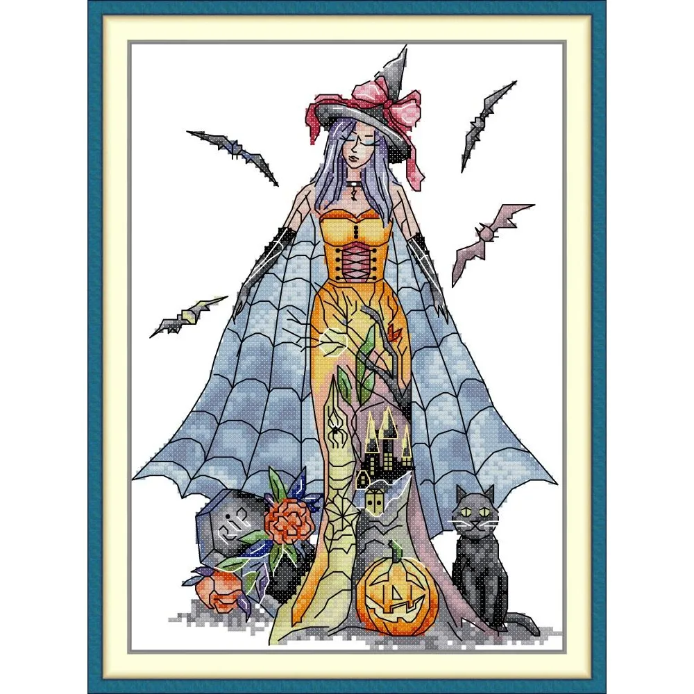 Joy Sunday News Pre-Printed Cross Stitch Kit, Stamped Aida Fabric with DMC Threads, Embroidery Kit - Halloween Witch