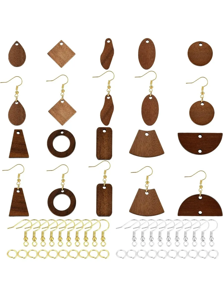 Wood DIY Earring Making Kit including 40pcs Saddle Brown Walnut Wood Drop Pendants Oblate Teardrop Links Connectors 100pcs Brass