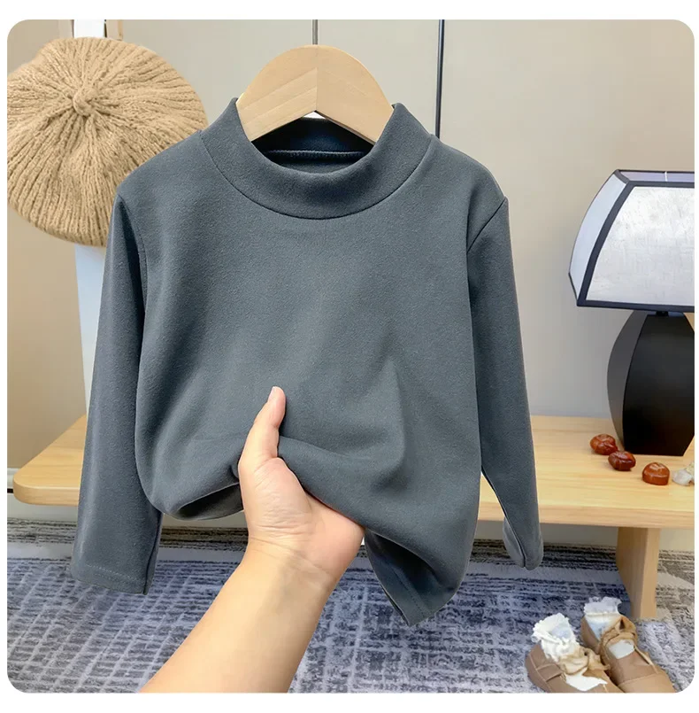Winter Baby Warme Top Jungen Mädchen Samt Innen Einfarbig Unten kinder Halb Hohe Kragen Langarm T-shirt Kinder Kleidung – Detail 4