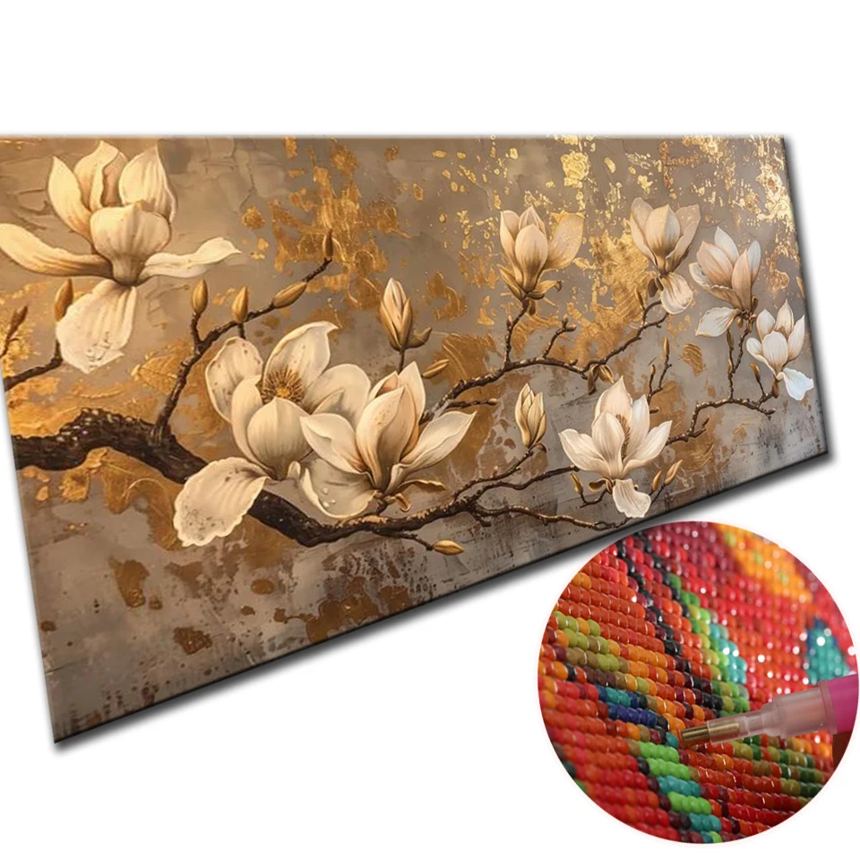 Magnolia Flowers 5D DIY Diamond Painting Abstract Golden Style Cross Stitch New 2024 Mosaic Diamond Embroidery For Home Decor