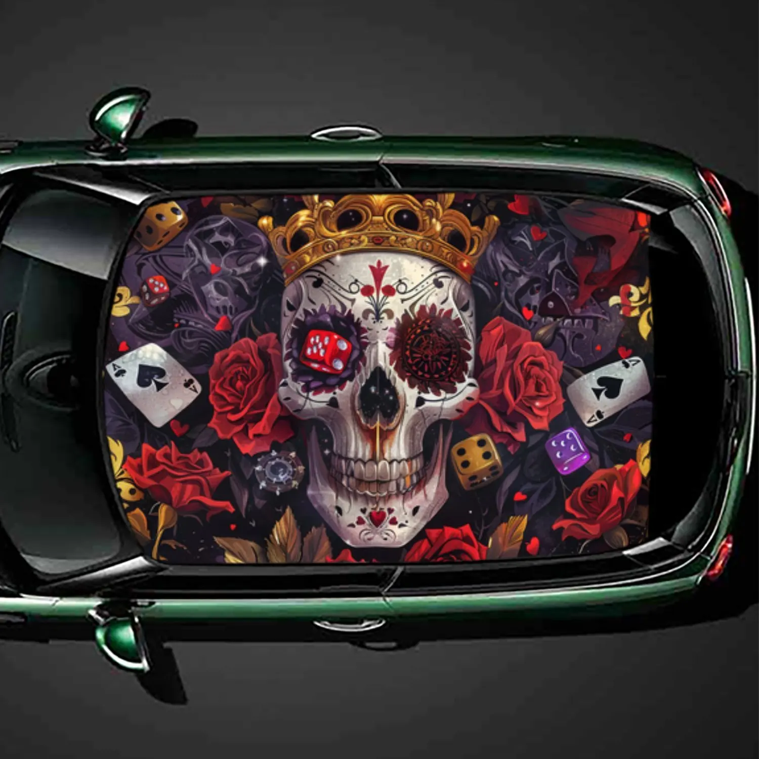 

Royal Skull Party PVC Car Roof Vinyl Wrap, Self-Adhesive Waterproof Automotive Sticker, Anti-Scratch Decorative Film for Sedan/S