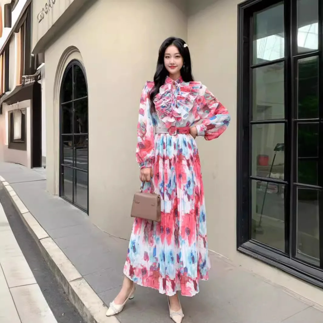 2024 Muslim Arab Spring New Beach Vacation Ear Edge Retro Style Long sleeved Printed Chiffon Pleated Waist Slimming Dress