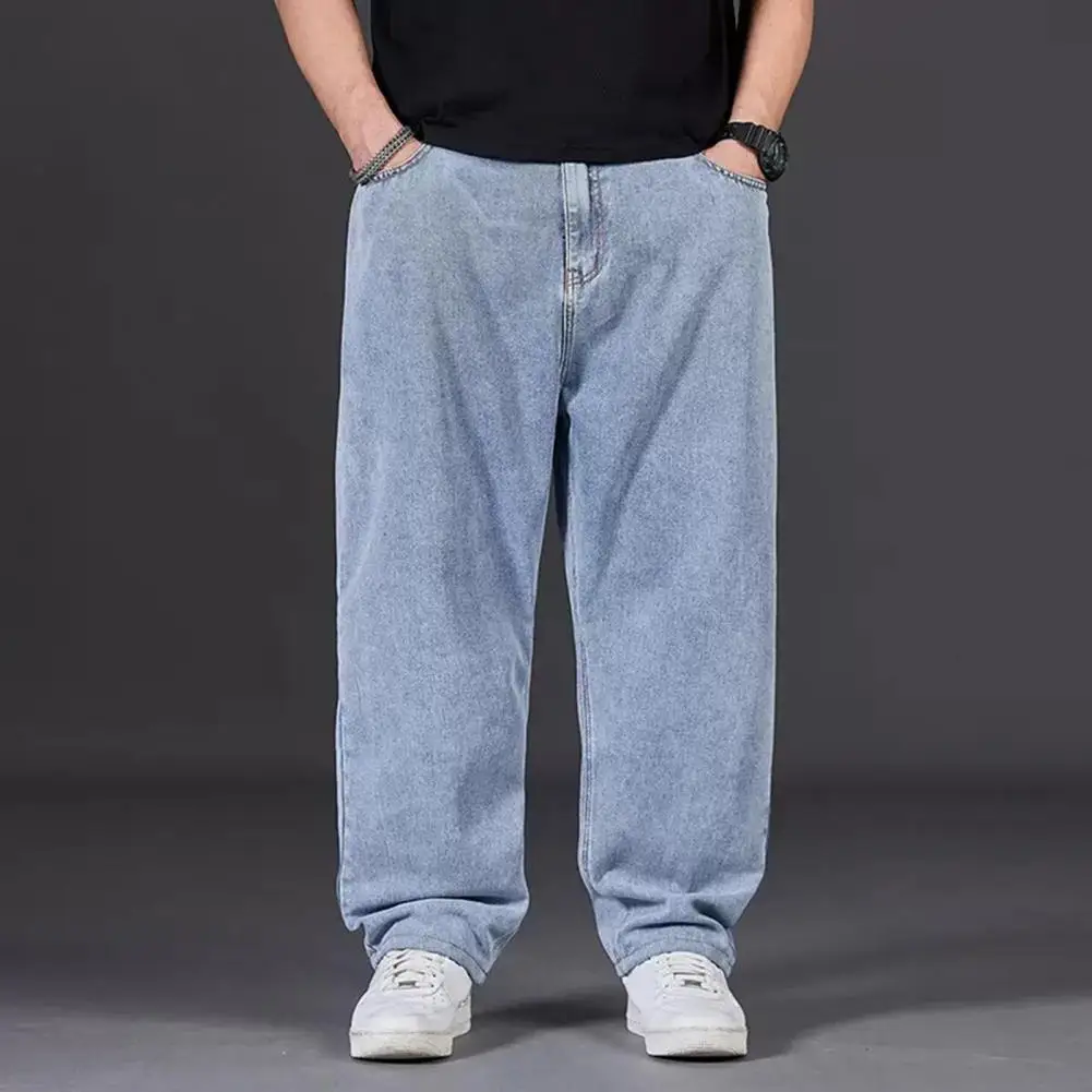 

Men Jeans High Waist Solid Color Spliced Denim Pants With Pockets Straight Wide Leg Long Pants Big Trousers Wide Daily Wear