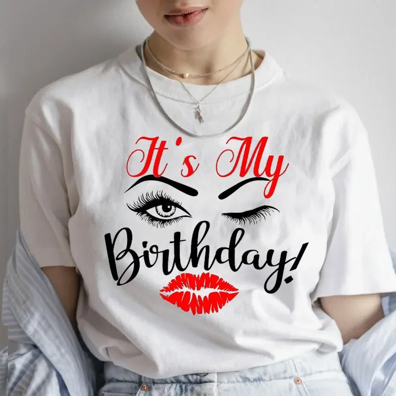 Eyelash & Lips Birthday Graphic T Shirt Birthday Party Casual Clothing Summer T-shirt Queen Birthday Fashion Clothes Female Tops