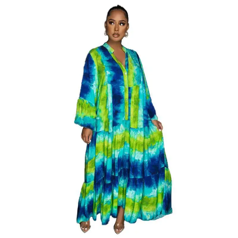 African Printing Dresses for Women Spring Autumn Elegant African Long Sleeve V-neck Polyester Dress Maxi Dress African Clothes