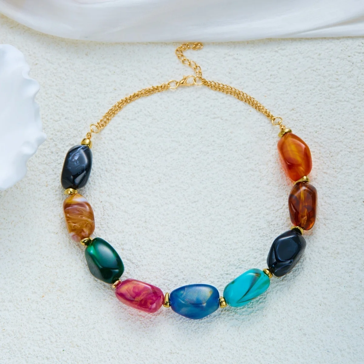 Botanisch bedruckter marineblauer Schal, Edelstahl-Halskette mit geprägten Blumen für Damen, unregelmäßiger Acryl-Perlen-Choker-Schmuck – Detail 27