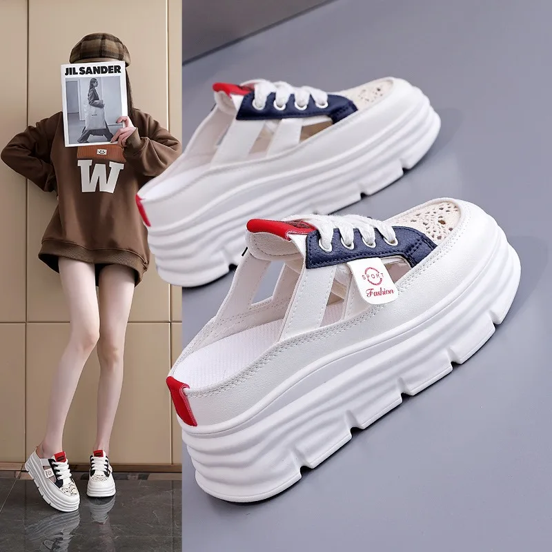 

Womens Fad Hollow Out Thick Sole Inner Height Increase Woven Casual Shoes Breathable Outside Wear Women Slippers Sandalias Mujer