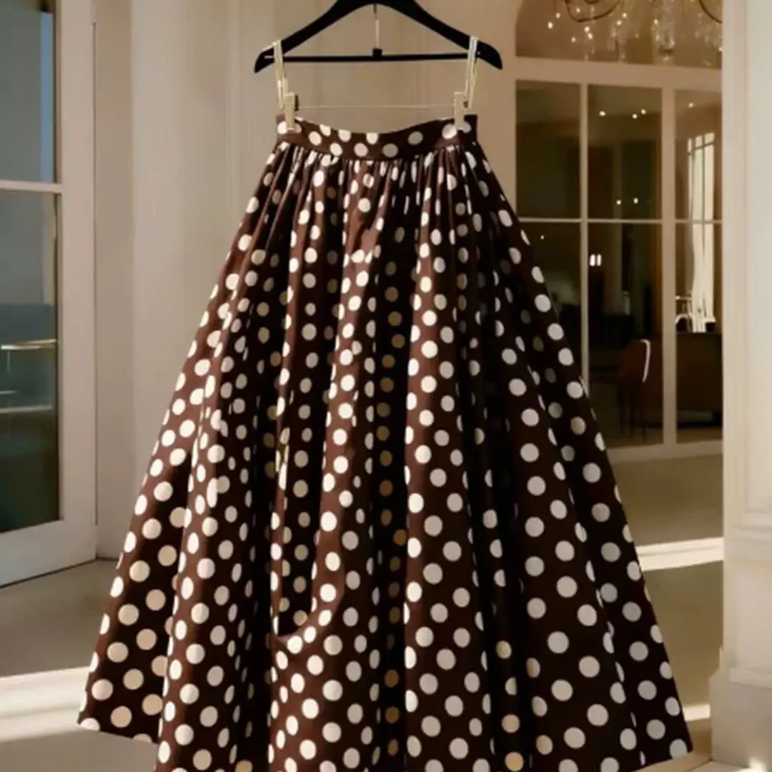 Summer New Women's High Waist Loose Vintage Brown Color Elegant Maturity Half Skirt A-Line Skirt Polyester Fiber