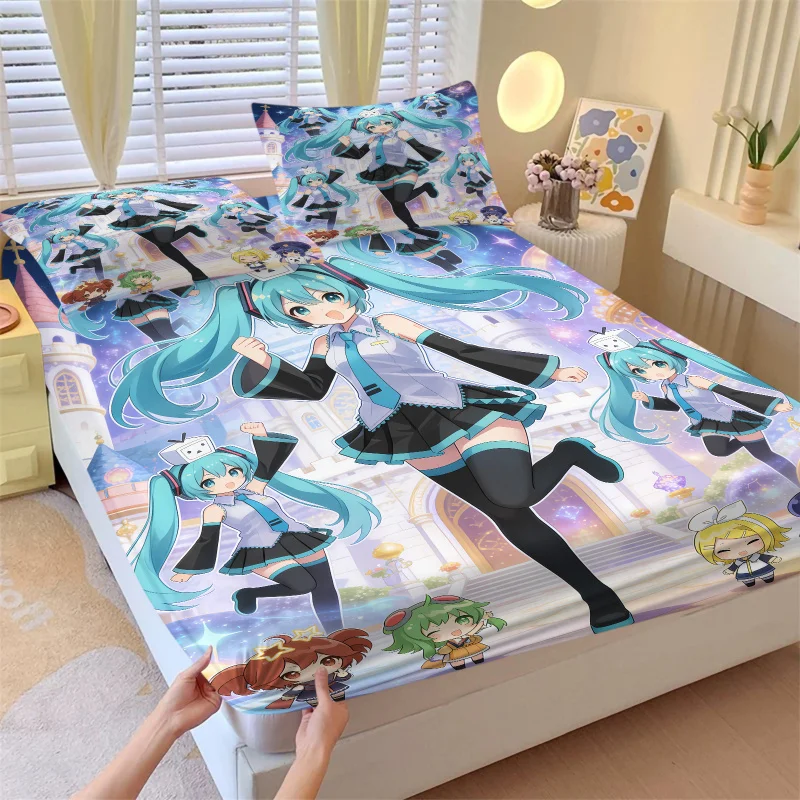 3ピース-初音ミク-アニメ-フィットシーツセット-vocaloidファン、アニメ愛好家の寝室装飾-ソフトディープポケット滑り止めマットレスプロテクター