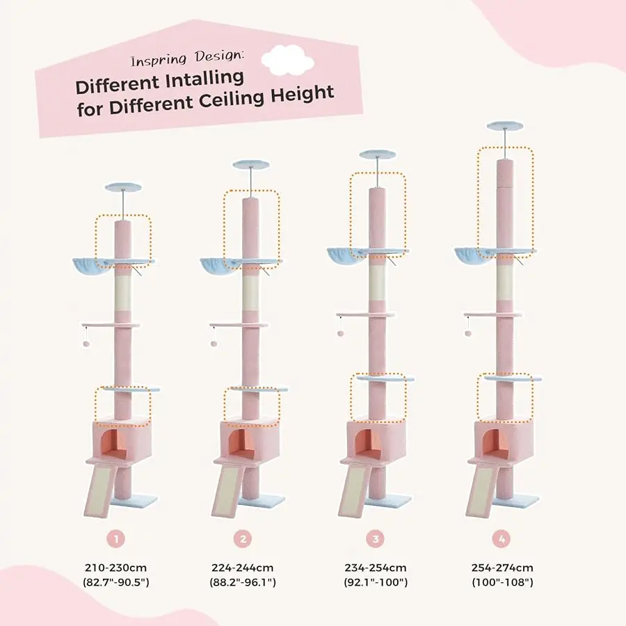 شجرة بيكولي للقطط من الأرض إلى السقف، برج قطط طويل، ارتفاع قابل للتعديل (83 بوصة - 108 بوصة) شجرة تسلق 5 طبقات للقطط الداخلية مع قطة #2